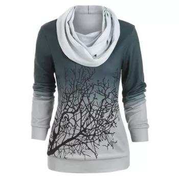 Halloween Convertible Collar Tree Print Sweatshirt - edium Sea Green