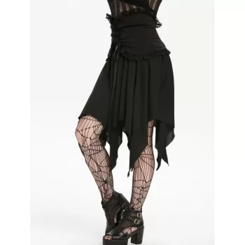 Halloween Lace Panel Asymmetric Handkerchief Gothic Skirt - Night