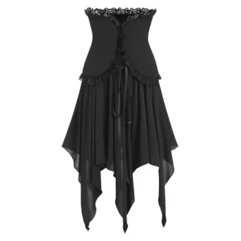Halloween Lace Panel Asymmetric Handkerchief Gothic Skirt - Night