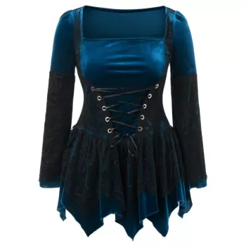 Halloween Lace Up Plus Size Handkerchief Top - Lapis Blue