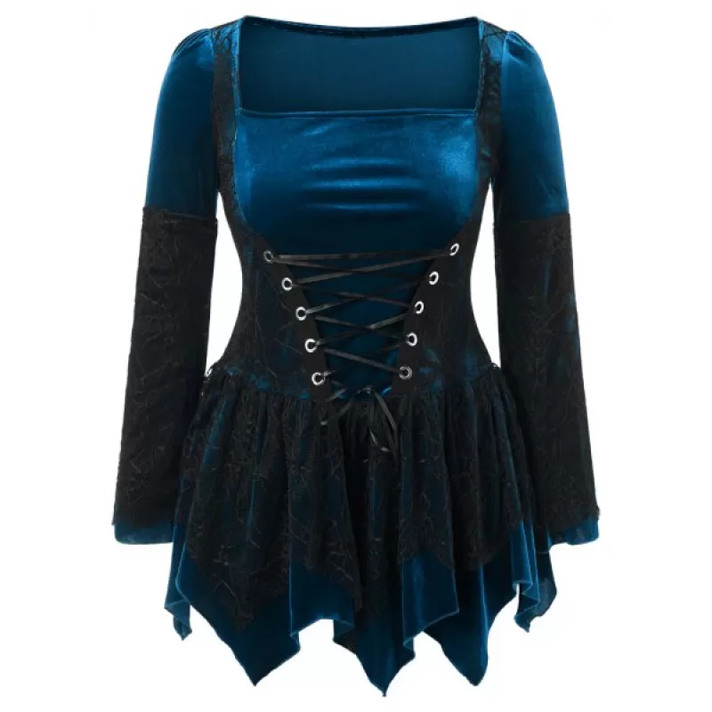 Halloween Lace Up Plus Size Handkerchief Top - Lapis Blue