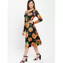 Halloween Pumpkin Print Midi wing Dress - Black
