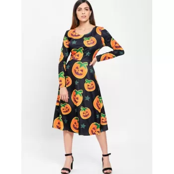 Halloween Pumpkin Print Midi wing Dress - Black
