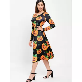Halloween Pumpkin Print Midi wing Dress - Black