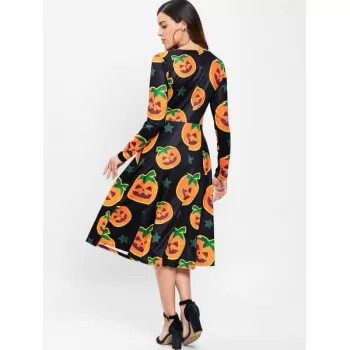 Halloween Pumpkin Print Midi wing Dress - Black