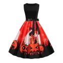 Halloween Pumpkin Spider Web Print Belted Dress - Orange Salmon