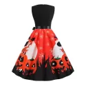 Halloween Pumpkin Spider Web Print Belted Dress - Orange Salmon