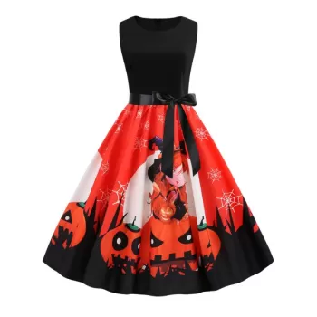 Halloween Pumpkin Spider Web Print Belted Dress - Orange Salmon