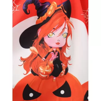 Halloween Pumpkin Spider Web Print Belted Dress - Orange Salmon