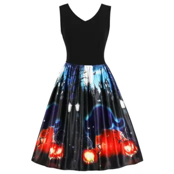 Halloween Retro Sleeveless Fit and Flare Dress - Black