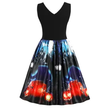 Halloween Retro Sleeveless Fit and Flare Dress - Black