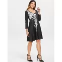Halloween Skeleton Print A ine Dress - Black