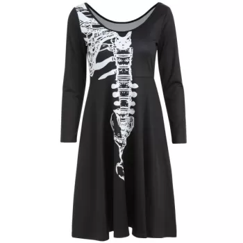 Halloween Skeleton Print A ine Dress - Black
