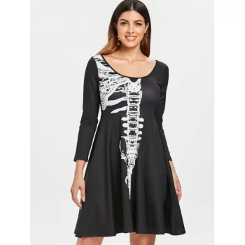 Halloween Skeleton Print A ine Dress - Black