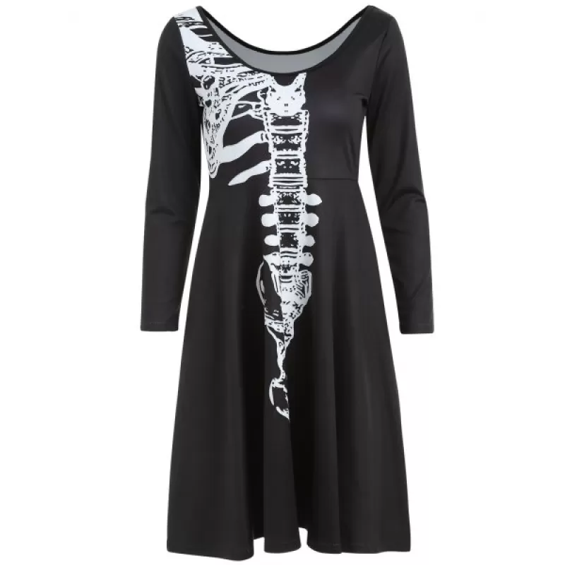 Halloween Skeleton Print A ine Dress - Black