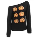 Halloween Skew Neck Pumpkin Print Sweatshirt - Black