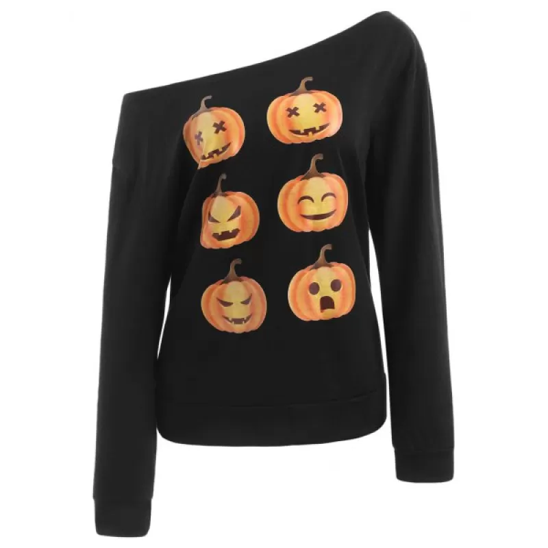 Halloween Skew Neck Pumpkin Print Sweatshirt - Black