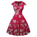 Halloween kull Floral Print A Line Cap leeve Dress - Red