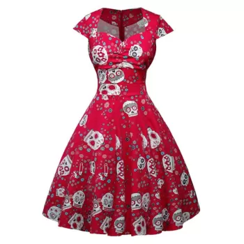 Halloween kull Floral Print A Line Cap leeve Dress - Red