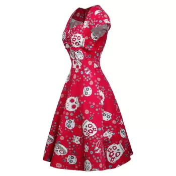 Halloween kull Floral Print A Line Cap leeve Dress - Red