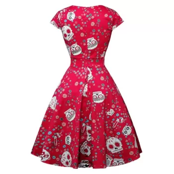 Halloween kull Floral Print A Line Cap leeve Dress - Red