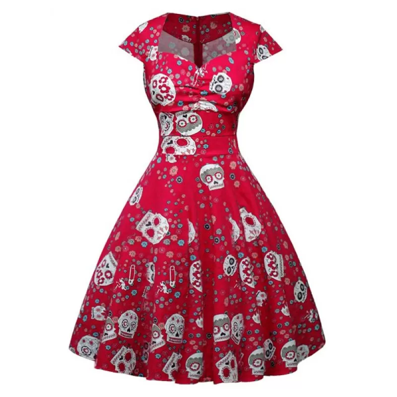 Halloween kull Floral Print A Line Cap leeve Dress - Red