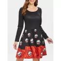 Halloween Skull Print Flare Dress - Black