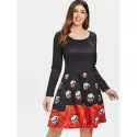 Halloween Skull Print Flare Dress - Black
