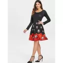 Halloween Skull Print Flare Dress - Black