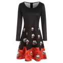 Halloween Skull Print Flare Dress - Black