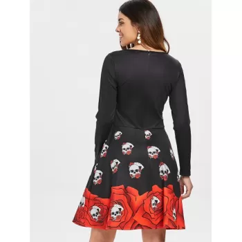 Halloween Skull Print Flare Dress - Black