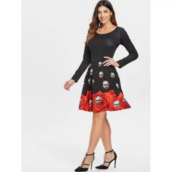 Halloween Skull Print Flare Dress - Black