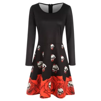 Halloween Skull Print Flare Dress - Black