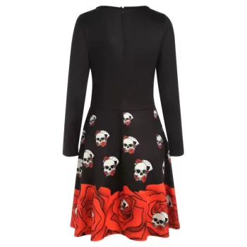 Halloween Skull Print Flare Dress - Black