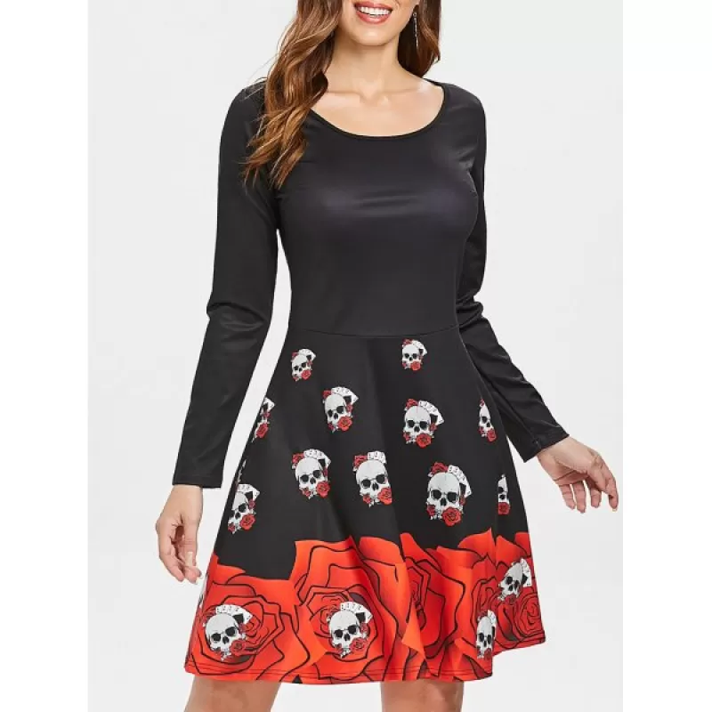 Halloween Skull Print Flare Dress - Black