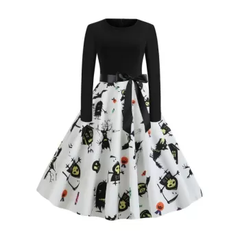 Halloween Skull Print Long Sleeve Party Dress - Multi-a