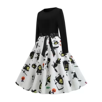 Halloween Skull Print Long Sleeve Party Dress - Multi-a