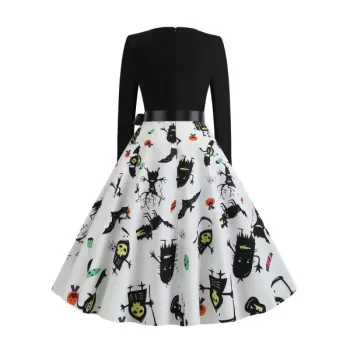 Halloween Skull Print Long Sleeve Party Dress - Multi-a