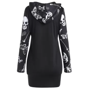 Halloween kull Print Longline Hoodie - Black