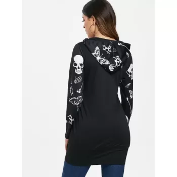 Halloween kull Print Longline Hoodie - Black