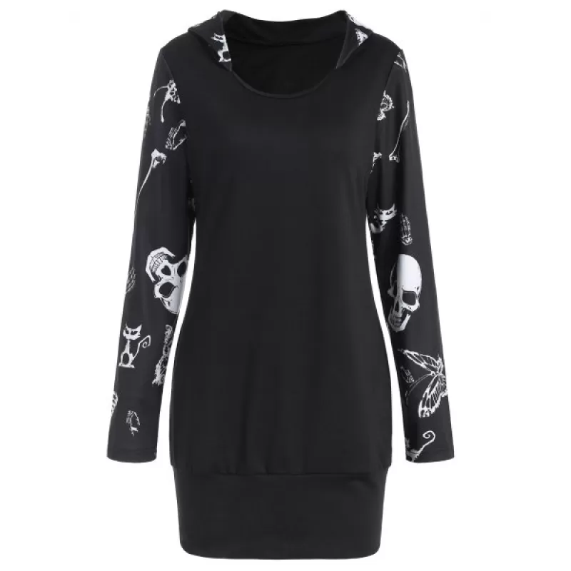 Halloween kull Print Longline Hoodie - Black