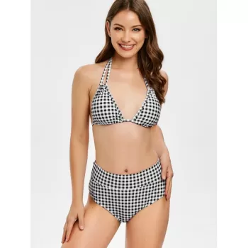 Halter Checked High Waist Bikini et - Black