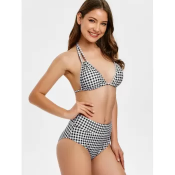 Halter Checked High Waist Bikini et - Black