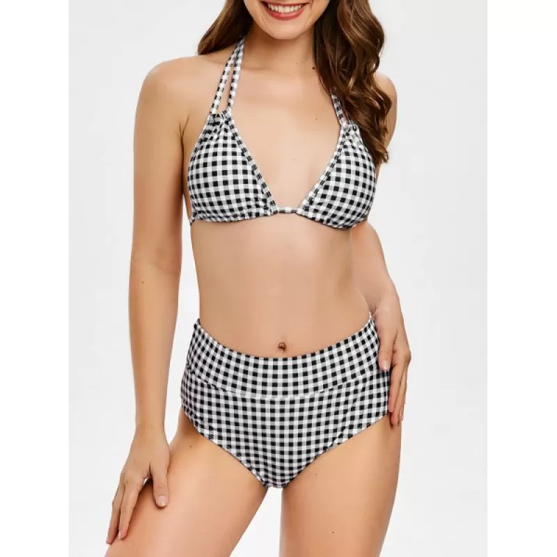 Halter Checked High Waist Bikini et - Black
