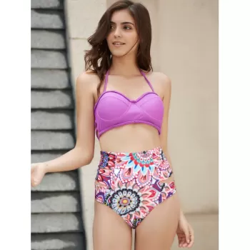 Halter   Floral Print High Waist Two Piece et - Purple