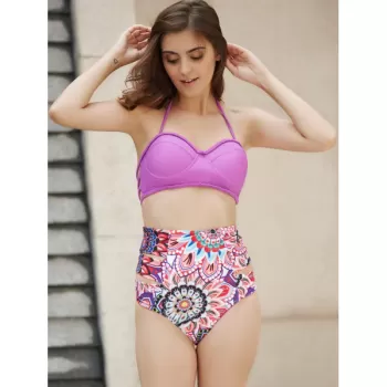 Halter   Floral Print High Waist Two Piece et - Purple