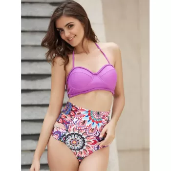 Halter   Floral Print High Waist Two Piece et - Purple