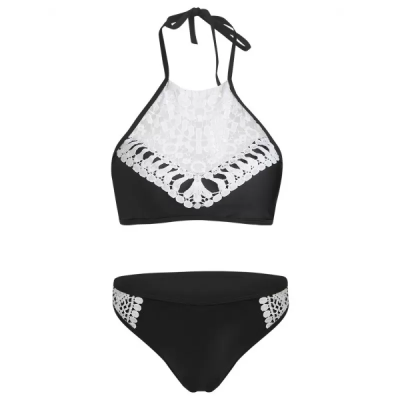Halter Lace Crochet Bikini et - Black