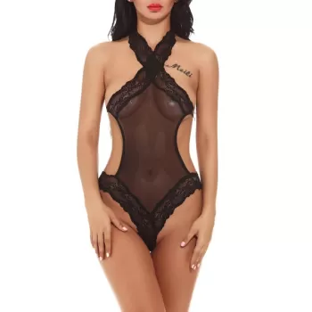 Halter One Piece Teddy Hollow-out Lingerie leepwear - Black