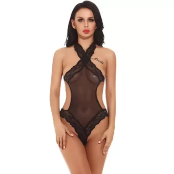 Halter One Piece Teddy Hollow-out Lingerie leepwear - Black